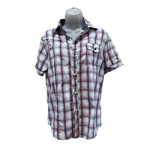 Facha Men’s Blue Red pinstriped Plaid Bottom Up Western Shirt M